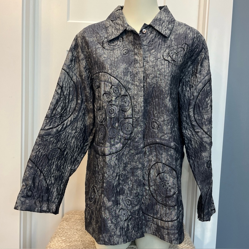 Chicos Design Women’s Gray Watercolor Silk Lightweight Jacket Size 2 Embroidered